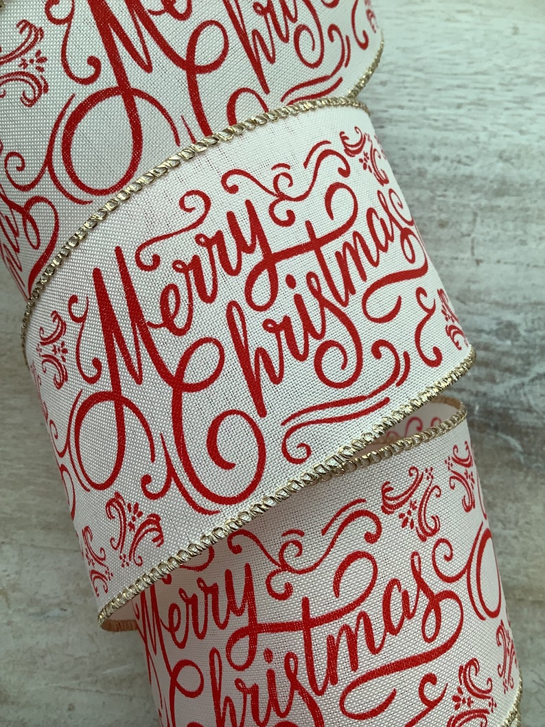 2.5 Merry Christmas Wired Ribbon, Red and Ivory Christmas Wired Ribbon for Wreaths, Christmas Craft Ribbon 50 Yards image 2