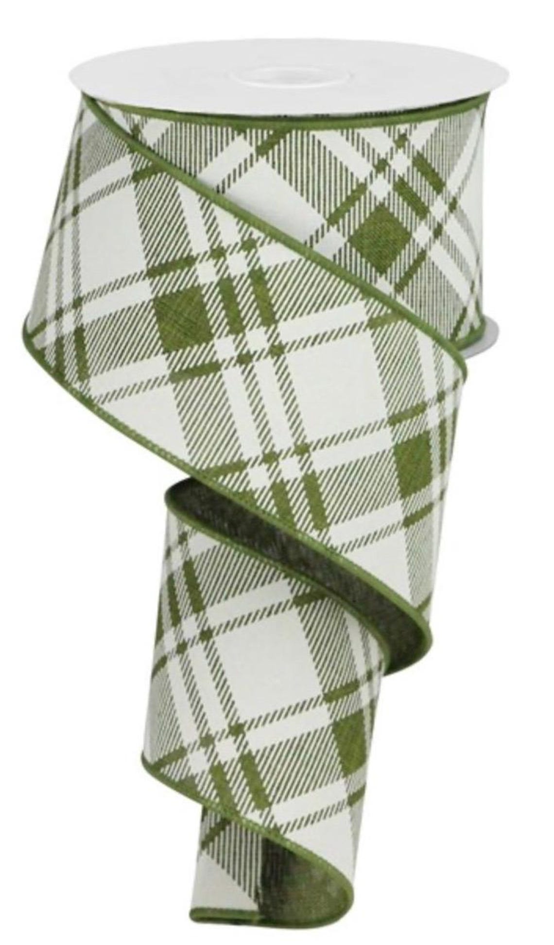 2.5” Moss Green & White Diagonal Stripe Check Wired Ribbon, Everyday ...