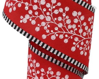 Snow Berry Christmas Wired Ribbon, Red & White Christmas Wired Ribbon for Wreaths, Christmas Craft Ribbon 2.5” 10 Yard Roll