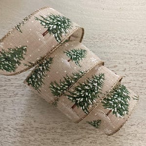 1.5” Christmas Tree Print Wired Ribbon, Tan and Green Christmas Wired Ribbon for Bows, Christmas Craft Ribbon 5 Yard Roll