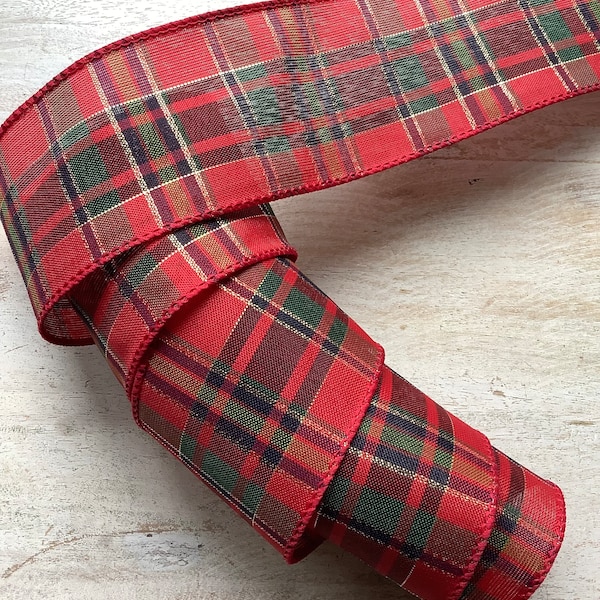 5 Yards Red and Green Christmas Plaid Wired Ribbon, Plaid Christmas Wired Ribbon for Wreaths, Christmas Plaid Craft Ribbon 2.5”