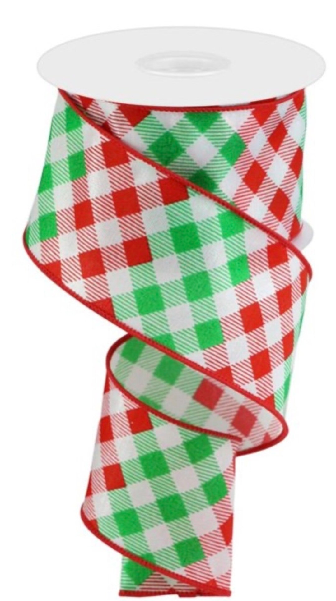 2.5” Red Green and White Diagonal Check Christmas Wired Ribbon ...