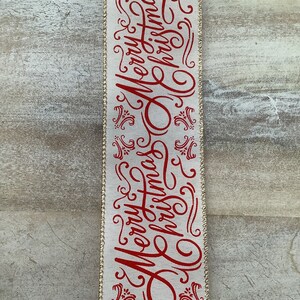 2.5 Merry Christmas Wired Ribbon, Red and Ivory Christmas Wired Ribbon for Wreaths, Christmas Craft Ribbon 50 Yards image 4