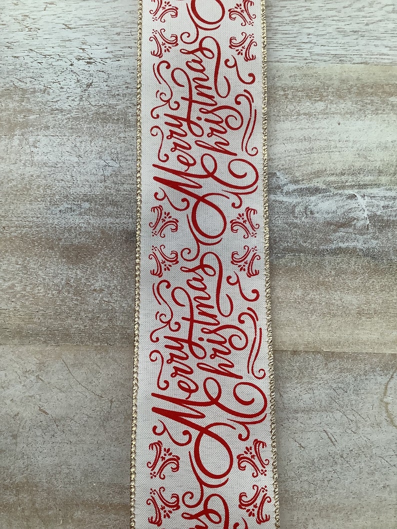 2.5 Merry Christmas Wired Ribbon, Red and Ivory Christmas Wired Ribbon for Wreaths, Christmas Craft Ribbon 50 Yards image 4