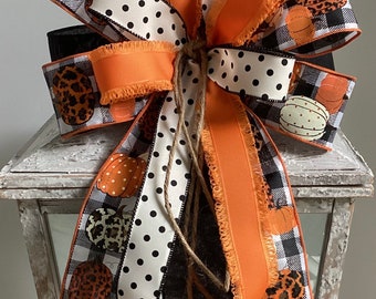Fall Wreath Bow, Lantern Bow, Fall Door Hanger Bow, Wreath Embellishment, Thanksgiving Decor, Orange and Black Bow, Pumpkin Bow, Fall Decor