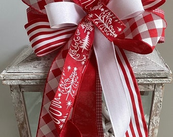 Christmas Bow, Red & White Christmas Wreath Bow, Christmas Tree Topper, Christmas Decor, Christmas Bow, Lantern Bow