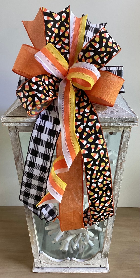 Halloween Candy Corn Wreath Bow, Fall Lantern Bow, Door Hanger Bow, Wreath Embellishment, Candy Corn Decor, Orange and Black Wreath Bow