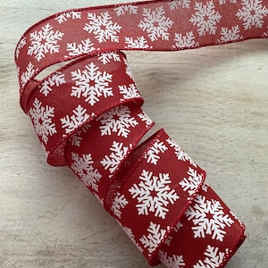 1.5” Red and White Christmas Snowflakes Wired Ribbon for Bows 5 Yard Roll
