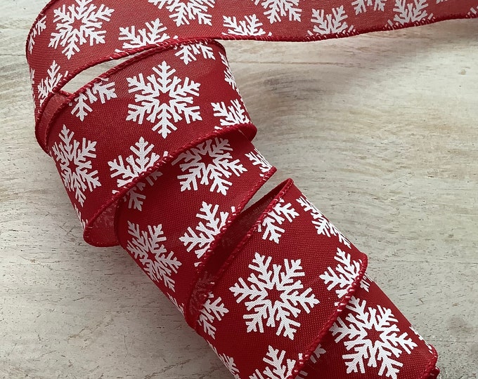 1.5 Red and White Christmas Snowflakes Wired Ribbon for Bows 5 Yard ...