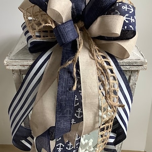 Nautical Wreath Bow, Coastal Decor, Beach Wreath Bow, Anchor Wreath Bow, Lantern Sea Bow, Nautical Door Hanger Bow, Large Nautical Bow