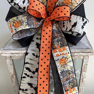 Halloween Orange und Schwarz Kranz Schleife, Halloween Laterne Schleife, Türhalter Schleife, Kranz Verschönerung, Halloween Dekor, Fledermaus Kranz Schleife