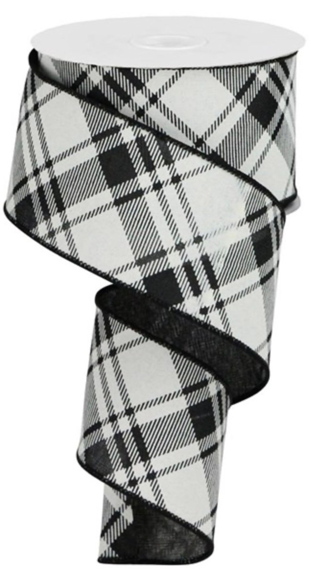 2.5” Black & Ivory Diagonal Stripe Check Wired Ribbon, Everyday Check ...