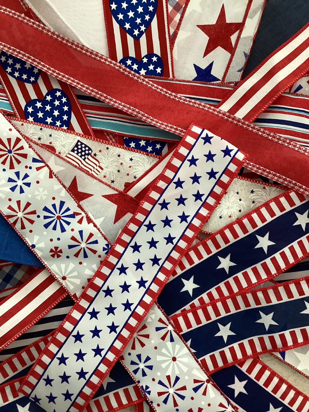 Grag Bag of Scrap Patriotic 1.5” & 2.5” Wired Ribbons Assortment of 30 ...