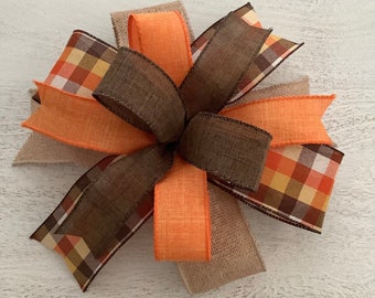 Fall Wreath Bow, Lantern Bow, Fall Door Hanger Bow, Wreath Embellishment, Thanksgiving Decor, Brown and Orange Plaid Bow