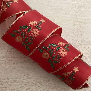 Christmas Tree Print Wired Ribbon, Red Green and Gold Christmas Wired Ribbon for Wreaths, Christmas Tree  Craft Ribbon 2.5” 5 Yard Roll