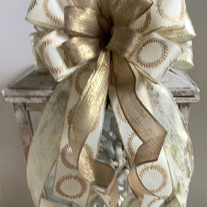 Christmas Bow, Farmhouse Christmas Wreath Bow, Christmas Tree Topper, Christmas Decor, Ivory and Gold Christmas Bow, Lantern Bow