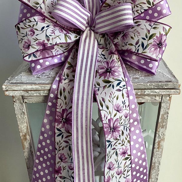 Floral Spring Wreath Bow, Spring Wreath Bow, Lantern Bow, Door Hanger Bow, Wreath Embellishment, Lavender Spring Bow,