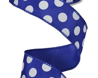 1.5” Royal Blue and White Polka Dot Wired Ribbon, Everyday Polka Dot Ribbon, Polka Dot Wired Ribbon for Wreaths / Bows 10 Yards