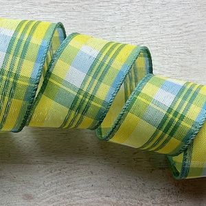 1.5” Wide Yellow Green and Blue Plaid Wired Ribbon Wired Ribbon 5 Yards