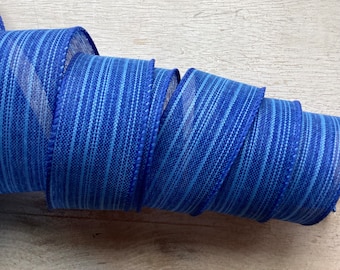 1.5” Denim Blue Wired Ribbon, Everyday Wired Ribbon, Craft Ribbon, Denim Blue With Light Blue Stripes Wired Ribbon for Wreaths, 5 Yards