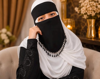 Niqab in chiffon nero con perline, velo per il viso in stile saudita