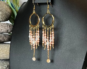 Gold Peach Chandelier Boho Dangle Earrings