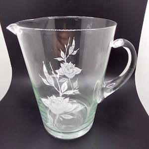 Vintage Glass Pitcher With Rose Etch