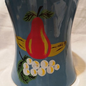 Vintage Blue Ceramic Glazed Cookie Jar, With Painted Fruit Motif, Retro Con Cave BlueBlue Cookie Jar, No Lid, Made in Japan  No Chips, Used