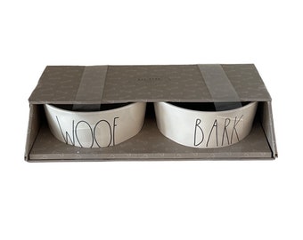 Rae Dunn Woof Bark Dog Water Food Bowls 8” Pet Home Decor Gift Set