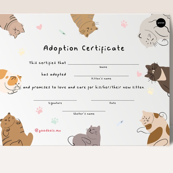 CAT Adoption Certificate Furever Home - Officially Seal the Love! Warm Welcome to the Family with 4 Cute & Playful Illustrated Designs