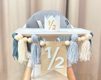 Half Birthday High Chair Banner | Baby Boy 1/2 Banner | 1/2 Birthday Banner | Blue and White Yarn Tassel Garland | 1/2 Birthday Boy Crown