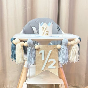 Half Birthday High Chair Banner | Baby Boy 1/2 Banner | 1/2 Birthday Banner | Blue and White Yarn Tassel Garland | 1/2 Birthday Boy Crown