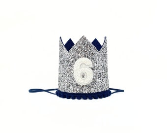 6th Birthday Boy Party Crown | Winter Birthday Crown | Sixth Birthday Silver & Navy Crown | Birthday Boy Photo Prop | Winter Onederland