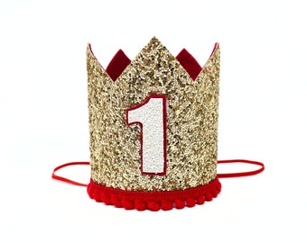 First Birthday Party Crown for Girl | Gold Glitter Party Crown | 1st Birthday Girl Party Crown | Gold & Red Party Hat | First Birthday Girl