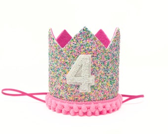 Hot Pink Birthday Party Crown for Girl | Glitter Party Crown | 4th Birthday Girl Party Crown | Hot Pink Party Hat | Fourth Birthday