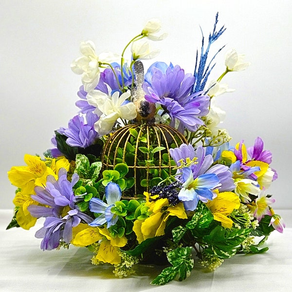 Charming Gold Bird Cage with Perched Bird - Floral Centerpiece Filled with Wildflowers, Thoughtful Gift for Her