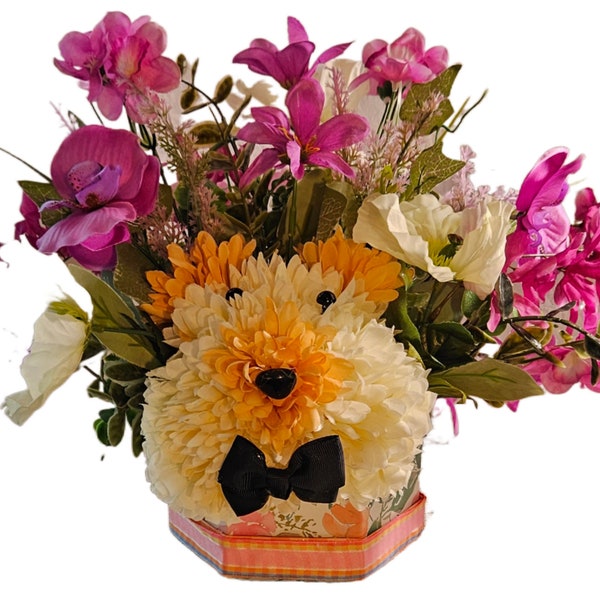 Carnation Puppy Flower Arrangement, Mum Dog Arrangement, Floral Arrangement