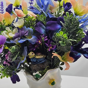 Turtle Floral Centerpiece: Purple & Yellow Silk Flowers in Ceramic Seashell