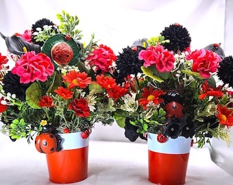 Ladybug Flower Arrangement: Red & Black Artificial Flowers in White Pot