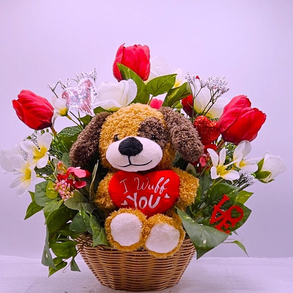 Romantic 'I Wuff You' Flower Arrangement featuring Cute Pup, Red Tulips, White Roses, and Heart Accents!