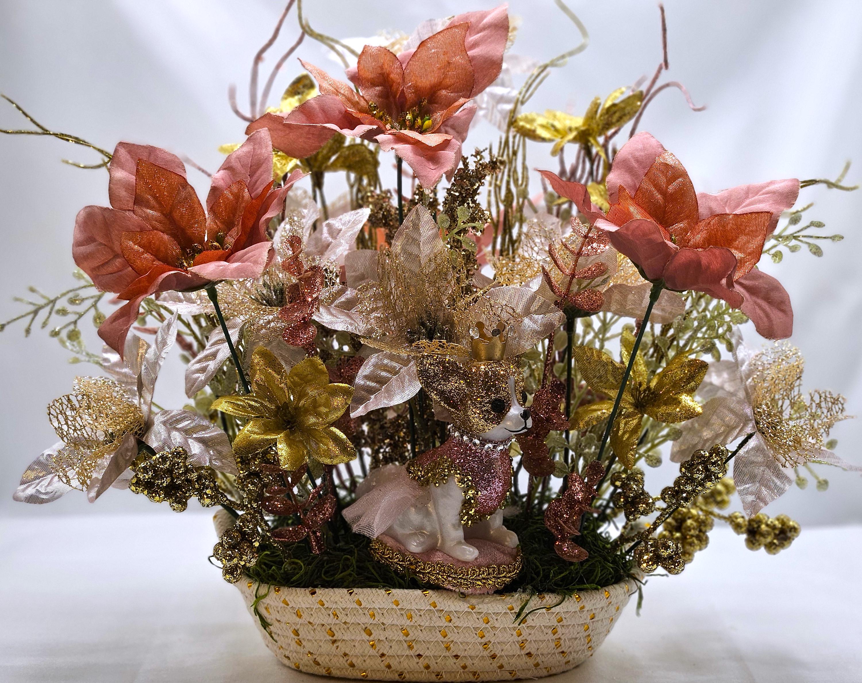 30 Beautiful Christmas Flower Arrangements for a Blooming Holiday: Festive Floral Ideas to Brighten Your Home 7 Chihuahua Dog Christmas Floral Centerpiece, Pink and Gold Holiday Decor