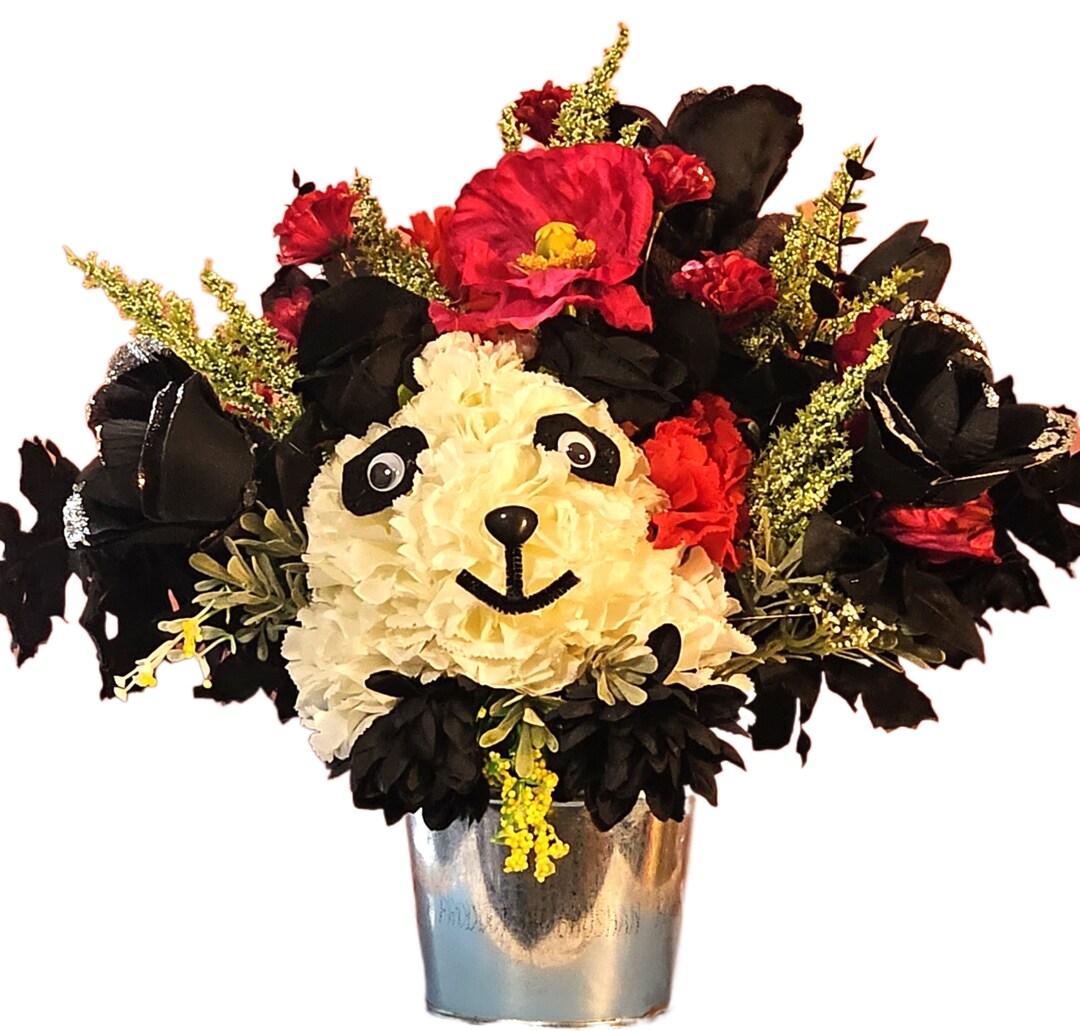 Handcrafted Faux Silk Carnation Panda Bear Flower Arrangement, Red and