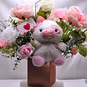 Gift Box of Flowers, Cute Pink/White Cow w/sign I Love My Mom Sign Amidst Elegant Carnations/Roses in Box, Great Gift Idea for any Occasion