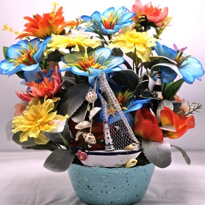 Coastal Flower Arrangement: Sailboat & Lighthouse Decor, Beach Lover Gift