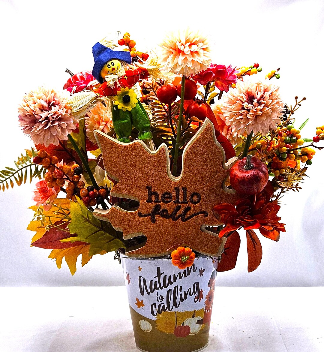 Hello Fall Floral Arrangement, Scarecrow, Metal Autumn Pot - Etsy