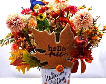 Hello Fall Floral Arrangement, Scarecrow, Metal Autumn Pot