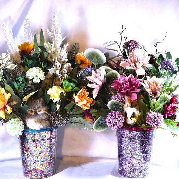 Whimsical Woodland Winter Flower Arrangement - Choose Fox or Owl - Stunning Psychedelic Vase with Green/Orange, or Pink/Puple Florals