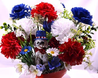 Patriotic Flower Arrangement, Heart-Shaped Dish, Red White Blue Flowers, Patriotic Decor, Celebrative Gift
