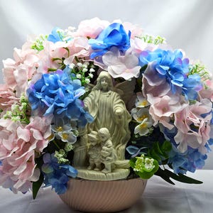 Floral Angel Centerpiece: Pink & Blue Hydrangea Arrangement