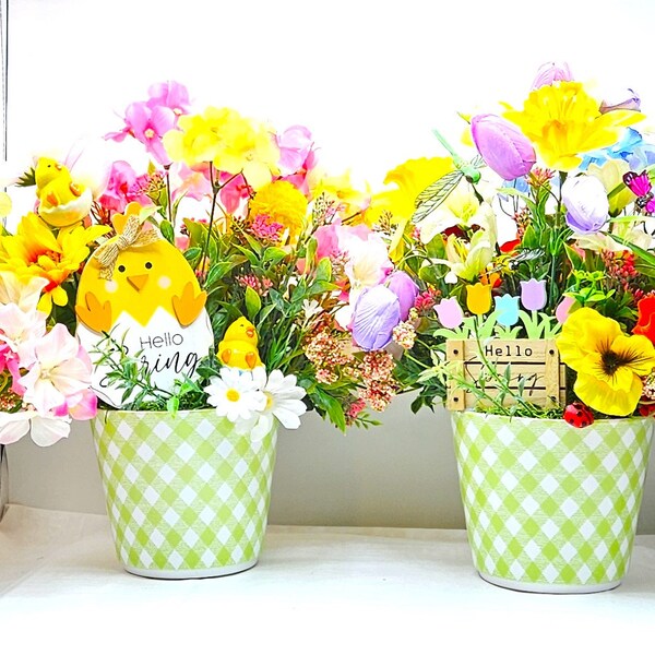 Welcome Spring Colorful Floral Display with Charming Springtime Creatures in Simple Green Planters,  2 Choices, Chicks, Butterflies & more